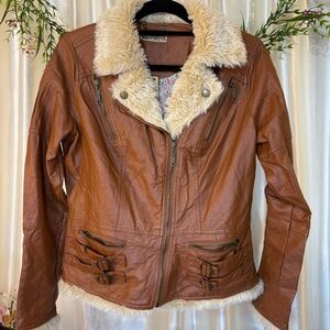 Odyn Faux Leather & Fur Brown Moto Jacket- Small